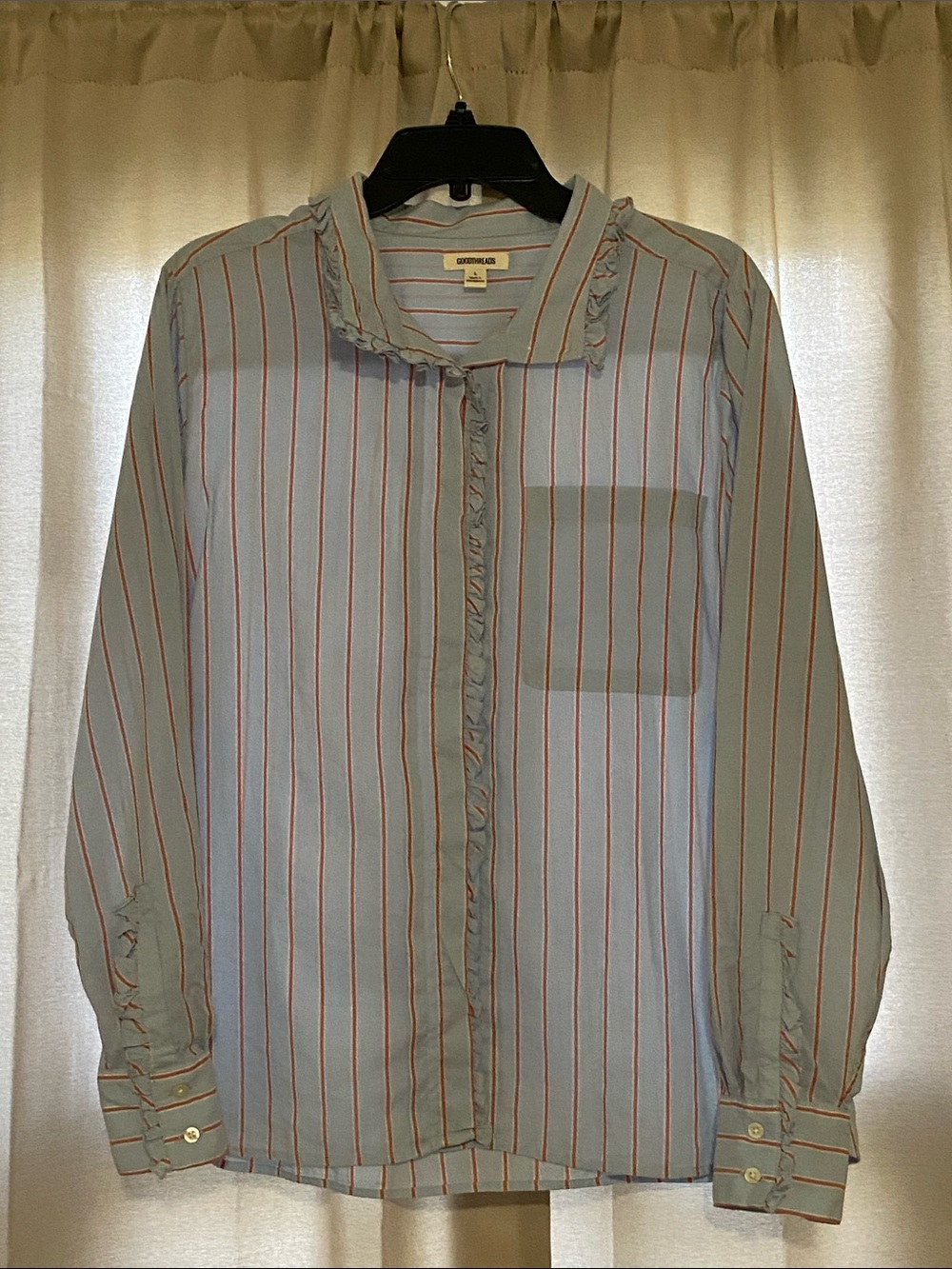 Good Threads Light Blue and Red-Striped Ruffle-Trim Button-Down Shirt